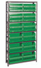 QSBU-245GN Shelving Unit, 12"D x 36"L x 75"H, heavy duty, 400 lb. load capacity per shelf, includes: (7) shelves and (24) QUS245 green bins, uprights and cross bars, galvanized steel finish