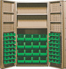 QSC-BG-32-2S-6DSGN Heavy-Duty 36" Bin Cabinet, 36"W x 24"D x 72"H, 800 lb. capacity per interior shelf and 60 lb. capacity per foor shelf, 14 gauge all welded construction, includes: (16) QUS236 and (16) QUS240 green bins, beige powder-coated finish