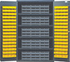 QSC-QIC64YL Heavy-Duty 48" Bin Cabinet, interlocking drawer storage, 48"W x 24"D x 78"H, 400 lb. load capacity per shelf, 14 gauge all welded construction, includes: (4) shelves, (15) QIC-64 gray interlocking drawers and (128) QUS210 yellow bins