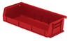 QUS232RDCS Bin, stacking or hanging, 11"W x 5-3/8"D x 3"H, front/back/side grips, anti-slide lock, (3) divider slot, rear hanger, molded-in label holder, polypropylene, red, Made in USA