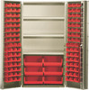 QSC-BG-36S-38RD Heavy-Duty 36" Bin Cabinet, 36"W x 24"D x 72"H, 800 lb. capacity per interior shelf, 14 gauge all welded construction, includes: (3) adjustable shelves, (16) QUS232, (16) QUS236 and (6) QUS250 red bins, beige powder-coated finish