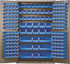 QSC-BG-48BL Heavy-Duty 48" Bin Cabinet, 48"W x 24"D x 78"H, 14 gauge all welded construction, includes: (64) QUS210, (64) QUS220, (24) QUS230, (13) QUS240 and (6) QUS250 blue bins, beige powder-coated finish