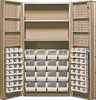 QSC-BG-64-2S-6DSIV Heavy-Duty 36" Bin Cabinet, 36"W x 24"D x 72"H, 800 lb. capacity per interior shelf and 60 lb. capacity per foor shelf, 14 gauge all welded construction, includes: (48) QUS220 and (16) QUS240 ivory bins, beige power coated finish