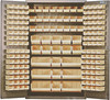 QSC-BG-48IV Heavy-Duty 48" Bin Cabinet, 48"W x 24"D x 78"H, 14 gauge all welded construction, includes: (64) QUS210, (64) QUS220, (24) QUS230, (13) QUS240 and (6) QUS250 ivory bins, beige powder-coated finish