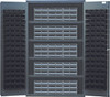 QSC-QIC64BK Heavy-Duty 48" Bin Cabinet, interlocking drawer storage, 48"W x 24"D x 78"H, 400 lb. load capacity per shelf, 14 gauge all welded construction, includes: (4) shelves, (15) QIC-64 gray interlocking drawers and (128) QUS210 black bins