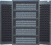 QSC-QIC122BK Heavy-Duty 48" Bin Cabinet, interlocking drawer storage, 48"W x 24"D x 78"H, 400 lb. load capacity per shelf, 14 gauge all welded construction, includes: (4) shelves, (15) QIC-122 gray interlocking drawers and (128) QUS210 black bins