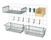 SG-A2IV Store Grid Accessory Pack 1, includes: (2) 17"L x 7"W x 5"H basket, (1) 9"W x 18"L small shelf, (2) 6" hook, (6) small hook, (1) single bin holder and (1) QUS230 bin (available in blue, green, ivory, red, yellow and green)
