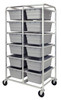 TR12-2516-8GY Tub Rack, mobile, 60 lb. weight capacity per bin, end loading, holds (12) TUB2516-8 gray tubs (included), welded aluminum construction, (4) 5" swivel polyolefin casters