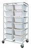 TR12-2516-8WT Tub Rack, mobile, 60 lb. weight capacity per bin, end loading, holds (12) TUB2516-8 white tubs (included), welded aluminum construction, (4) 5" swivel polyolefin casters