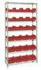 W7-12-24RD Bin System Unit, stationary, includes: (4) posts, (7) wire shelves and (24) 12-1/2"L x 8-3/8"W x 5"H red bins (QP1285), chrome plated finish, suitable for dry storage applications, shipped KD