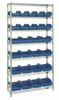 W7-12-26BL Bin System Unit, stationary, includes: (4) posts, (7) wire shelves, (10) 12-1/2"L x 6-5/8"W x 5"H (QP1265) and (16) 12-1/2"L x 8-3/8"W x 5"H blue bins (QP1285), chrome plated finish, suitable for dry storage applications, shipped KD