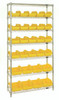 W7-12-28YL Bin System Unit, stationary, includes: (4) posts, (7) wire shelves, (20) 12-1/2"L x 6-5/8"W x 5"H (QP1265) and (8) 12-1/2"L x 8-3/8"W x 5"H yellow bins (QP1285), chrome plated finish, suitable for dry storage applications, shipped KD