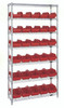 W7-12-30RD Bin System Unit, stationary, includes: (4) posts, (7) wire shelves and (30) 12-1/2"L x 6-5/8"W x 5"H red bins (QP1265), chrome plated finish, suitable for dry storage applications, shipped KD