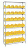 W7-18-30YL Bin System Unit, stationary, includes: (4) posts, (7) wire shelves and (30) 18-1/2"L x 6-5/8"W x 7"H yellow bins (QP1867), chrome plated finish, suitable for dry storage applications, shipped KD