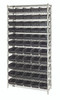 WR12-102BK Bin Wire Shelving System, 36"W x 12"D x 74"H overall size, 800 lb. capacity per shelf, includes: (12) wire shelves, (4) posts, and (55) QSB102 black bins, chrome plated finish