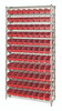 WR12-105RD Bin Wire Shelving System, 36"W x 24"D x 74"H overall size, 800 lb. capacity per shelf, includes: (12) wire shelves, (4) posts, and (88) QSB105 red bins, chrome plated finish
