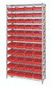WR12-107RD Bin Wire Shelving System, 36"W x 12"D x 74"H overall size, 800 lb. capacity per shelf, includes: (12) wire shelves, (4) posts, and (44) QSB107 red bins, chrome plated finish