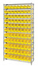 WR12-105YL Bin Wire Shelving System, 36"W x 24"D x 74"H overall size, 800 lb. capacity per shelf, includes: (12) wire shelves, (4) posts, and (88) QSB105 yellow bins, chrome plated finish