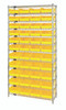 WR12-107YL Bin Wire Shelving System, 36"W x 12"D x 74"H overall size, 800 lb. capacity per shelf, includes: (12) wire shelves, (4) posts, and (44) QSB107 yellow bins, chrome plated finish