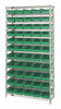 WR12-102GN Bin Wire Shelving System, 36"W x 12"D x 74"H overall size, 800 lb. capacity per shelf, includes: (12) wire shelves, (4) posts, and (55) QSB102 green bins, chrome plated finish