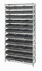 WR12-110BK Bin Wire Shelving System, 36"W x 18"D x 74"H overall size, 800 lb. capacity per shelf, includes: (12) wire shelves, (4) posts, and (33) QSB1109 black bins, chrome plated finish
