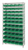 WR12-104GN Bin Wire Shelving System, 36"W x 18"D x 74"H overall size, 800 lb. capacity per shelf, includes: (12) wire shelves, (4) posts, and (55) QSB104 green bins, chrome plated finish