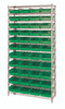 WR12-108GN Bin Wire Shelving System, 36"W x 18"D x 74"H overall size, 800 lb. capacity per shelf, includes: (12) wire shelves, (4) posts, and (44) QSB108 green bins, chrome plated finish