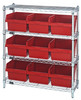 WR4-39-1236-809RD Bin Wire Shelving Center, 12"D x 36"W x 39"H, 800 lbs capacity per shelf, includes: (4) shelves and (9) QSB809 red bins, chrome plated finish, shipped KD
