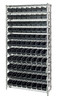 WR12-103BK Bin Wire Shelving System, 36"W x 18"D x 74"H overall size, 800 lb. capacity per shelf, includes: (12) wire shelves, (4) posts, and (88) QSB103 black bins, chrome plated finish