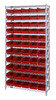 WR12-106RD Bin Wire Shelving System, 36"W x 24"D x 74"H overall size, 800 lb. capacity per shelf, includes: (12) wire shelves, (4) posts, and (55) QSB106 red bins, chrome plated finish