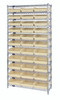 WR12-110IV Bin Wire Shelving System, 36"W x 18"D x 74"H overall size, 800 lb. capacity per shelf, includes: (12) wire shelves, (4) posts, and (33) QSB1109 ivory bins, chrome plated finish