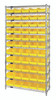 WR12-106YL Bin Wire Shelving System, 36"W x 24"D x 74"H overall size, 800 lb. capacity per shelf, includes: (12) wire shelves, (4) posts, and (55) QSB106 yellow bins, chrome plated finish