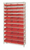 WR12-110RD Bin Wire Shelving System, 36"W x 18"D x 74"H overall size, 800 lb. capacity per shelf, includes: (12) wire shelves, (4) posts, and (33) QSB1109 red bins, chrome plated finish