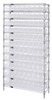 WR12-103CL Bin Wire Shelving System, 36"W x 18"D x 74"H overall size, 800 lb. capacity per shelf, includes: (12) wire shelves, (4) posts, and (88) QSB103 clear bins, chrome plated finish