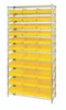 WR12-116YL Bin Wire Shelving System, 36"W x 24"D x 74"H overall size, 800 lb. capacity per shelf, includes: (12) wire shelves, (4) posts, and (33) QSB116 yellow bins, chrome plated finish