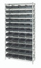 WR12-114BK Bin Wire Shelving System, 36"W x 24"D x 74"H overall size, 800 lb. capacity per shelf, includes: (12) wire shelves, (4) posts, and (44) QSB114 black bins, chrome plated finish