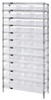 WR12-109CL Bin Wire Shelving System, 36"W x 12"D x 74"H overall size, 800 lb. capacity per shelf, includes: (12) wire shelves, (4) posts, and (33) QSB109 clear bins, chrome plated finish