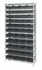 WR12-107CO Bin Wire Shelving System, conductive, 36"W x 12"D x 74"H overall size, 800 lb. capacity per shelf, includes: (12) wire shelves, (4) posts, and (44) QSB107 bins, available in multiple color, chrome plated finish