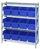 WR4-39-1236-807BL Bin Wire Shelving Center, 12"D x 36"W x 39"H, 800 lbs capacity per shelf, includes: (4) shelves and (12) QSB807 blue bins, chrome plated finish, shipped KD
