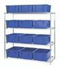 WR4-12225BL Bin Wire Shelving System, 66"L x 24"D x 63"H, 800 lbs load capacity per shelf, includes: (4) shelves and (12) SNT225 blue containers, chrome plated finish, shipped KD