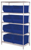 WR5-975BL Bin Wire Shelving System, 42"W x 30"D x 74"H, 800 lbs load capacity per shelf, includes: (5) shelves and (8) QUS975 blue bins, chrome plated finish, shipped KD