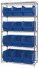 WR5-533BL Bin Wire Shelving System, 42"W x 18"D x 74"H, 800 lbs load capacity per shelf, includes: (5) shelves and (12) QMS533 blue bins, chrome plated finish, shipped KD
