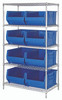 WR5-955BL Bin Wire Shelving System, 42"W x 24"D x 74"H overall size, 800 lb. capacity per shelf, includes: (5) wire shelves, (4) posts, and (8) QUS955 blue bins, chrome plated finish, shipped KD