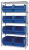 WR5-543BL Bin Wire Shelving System, 42"W x 18"D x 74"H, 800 lbs load capacity per shelf, includes: (5) shelves and (8) QMS543 blue bins, chrome plated finish, shipped KD