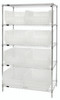 WR5-955CL Bin Wire Shelving System, 42"W x 24"D x 74"H overall size, 800 lb. capacity per shelf, includes: (5) wire shelves, (4) posts, and (8) QUS955 clear bins, chrome plated finish, shipped KD