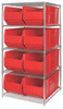 WR5-995RD Bin Wire Shelving System, 48"W x 36"D x 74"H, 800 lbs load capacity per shelf, includes: (5) shelves and (8) QUS997 red bins, chrome plated finish, shipped KD