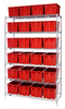 WR6-24185RD Bin Wire Shelving System, 48"L x 18"D x 74"H, 800 lbs load capacity per shelf, includes: (6) shelves and (24) SNT185 red containers, chrome plated finish, shipped KD