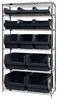 WR6-13-MIXBK Bin Wire Shelving System, 42"W x 18"D x 74"H, 800 lbs load capacity per shelf, includes: (6) shelves, (4) QMS543, (3) QMS533, (3) QMS532 and (3) QMS531 black bins, chrome plated finish, shipped KD