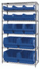 WR6-13-MIXBL Bin Wire Shelving System, 42"W x 18"D x 74"H, 800 lbs load capacity per shelf, includes: (6) shelves, (4) QMS543, (3) QMS533, (3) QMS532 and (3) QMS531 blue bins, chrome plated finish, shipped KD
