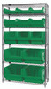 WR6-13-MIXGN Bin Wire Shelving System, 42"W x 18"D x 74"H, 800 lbs load capacity per shelf, includes: (6) shelves, (4) QMS543, (3) QMS533, (3) QMS532 and (3) QMS531 green bins, chrome plated finish, shipped KD
